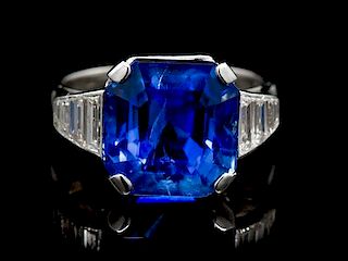 An Art Deco Platinum, Sapphire and Diamond Ring, French, 4.90 dwts.