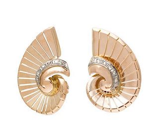 A Pair of Retro Gold and Diamond Earclips, 4.60 dwts.