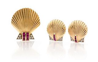 A 14 Karat Gold, Ruby and Diamond Shell Brooch, Tiffany & Co., with Similar Earclips, 16.30 dwts.