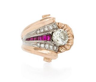 A Retro Rose Gold, Platinum, Diamond and Ruby Ring, 7.10 dwts.
