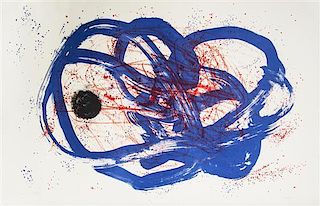 * Joan Miro, (Spanish, 1893-1983), Untitled (blue on red wash) (from Series I), 1961