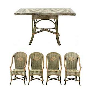 Comedor. Siglo XX. Elaborado en mimbre. Marca Erich J. Dunker. Consta de: Mesa y 4 sillas. 79 x 142 x 82 cm. (mesa)