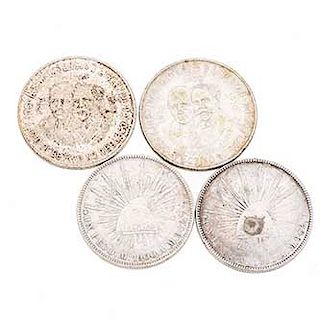 Dos monedas Hidalgo y Madero y dos libertad de un peso y diez pesos en plata .900. Peso: 111.5 g.
