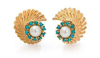 A Pair of 14 Karat Yellow Gold, Cultured Pearl and Turquoise Earclips, 6.10 dwts.