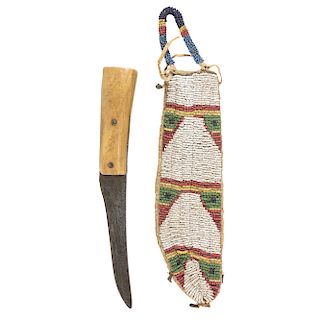 Sioux Beaded Hide Knife Sheath with W. Greaves and Sons Knife, From the James B. Scoville Collection