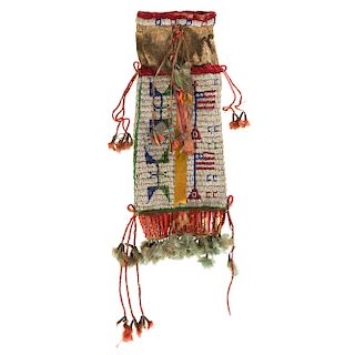 Sioux Beaded Hide Tobacco Bag with American Flags, From the James B. Scoville Collection