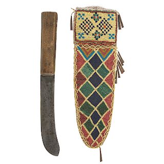 Cree Beaded Hide Knife Sheath with Thomas Wilson Knife, From the James B. Scoville Collection