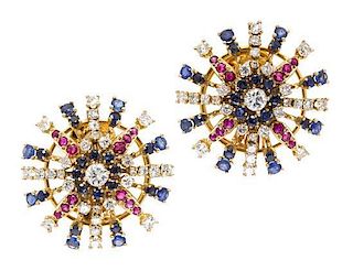 A Pair of Yellow Gold, Diamond, Sapphire and Ruby Earclips, 11.30 dwts.