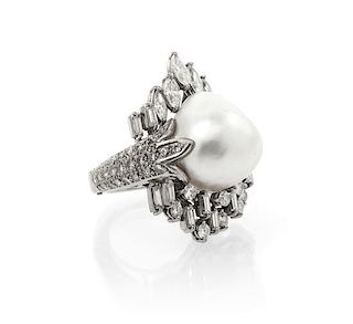 A White Gold, Cultured Pearl and Diamond Ring, 10.60 dwts.