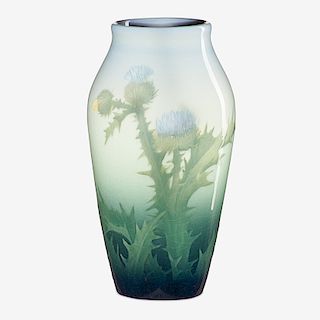LENORE ASBURY; ROOKWOOD Iris Glaze vase w/ thistle