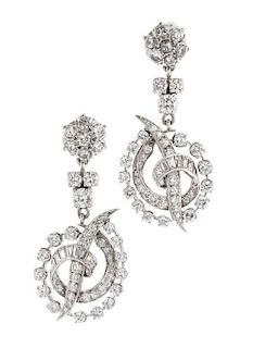 A Pair of Vintage Platinum and Diamond Earrings, Circa 1940-1950's, 11.10 dwts.