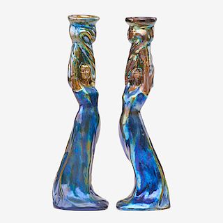 ZSOLNAY Two figural candlesticks