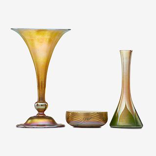 TIFFANY STUDIOS Two vases, one small bowl