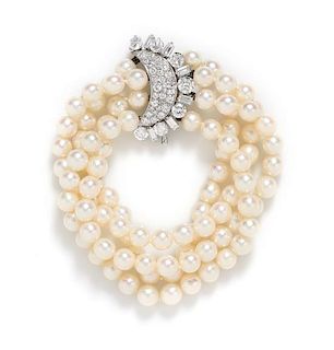 A Four Strand Cultured Pearl Bracelet with 18 Karat White Gold and Diamond Clasp,