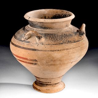 Greek Mycenaean Pottery Pyxis w/ Three Handles