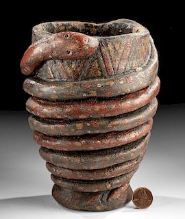 Post-Conquest Inca Painted Wood Vessel w/ Coiled Snake