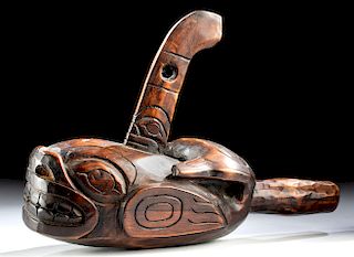 20th C. Tlingit Wood Rattle - Orca, Signed A. Johnson