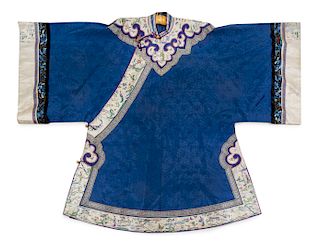 A Blue Ground Embroidered Silk Lady's Robe
Collar to hem: 42 in., 107 cm.