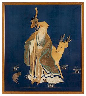 A Large Embroidered Blue Ground 'Figure' Silk Panel
53 1/2 height x 44 1/2 width in., 136 x 113 cm.