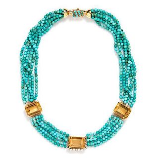 * A Yellow Gold, Turquoise, Citrine and Diamond Demi Parure, Circa 1950, 55.90 dwts.