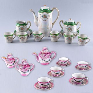 Servicio abierto de té. Consta de: Servicio de té. Japón, siglo XX. Elaborado en porcelana tipo tsatuma color rosa.Pz: 33