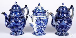 Three blue Staffordshire coffee pots