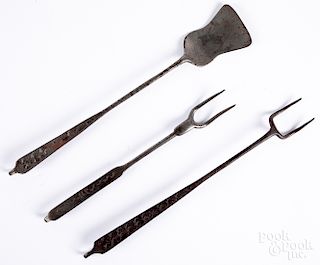 Two wrought iron flesh forks, etc.