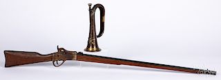 Brass and copper 7th Cavalry style bugle, etc.