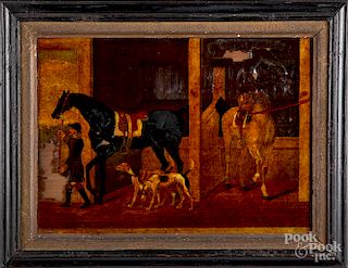 Three reverse prints on glass, all horse subjects