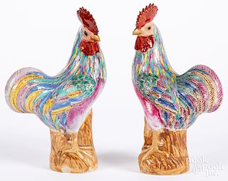 Pair of Chinese export porcelain famille roosters