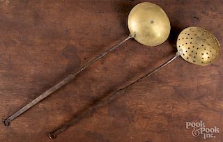 Four wrought iron and brass utensils