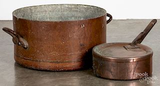 Copper lidded pot, together with a large kettle