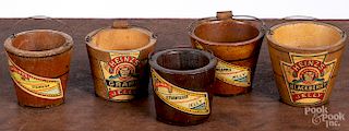 Five miniature H. J. Heinz wooden jelly buckets