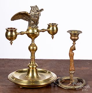 Brass owl inkwell candelabra