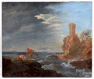 Oil on canvas of figures on a rocky coastline