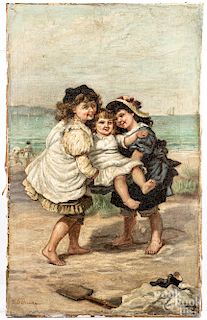 Oil on canvas of three girls at the shore