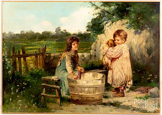 Oil on canvas of two children with a washtub