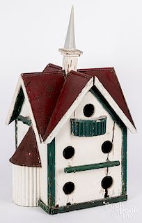 Painted pine and tin birdhouse