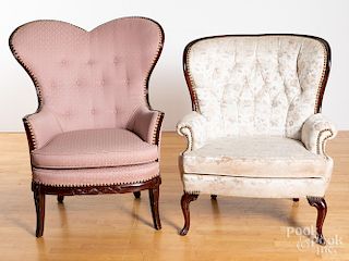 Two upholstered armchairs.