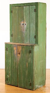 Green painted stepback cupboard