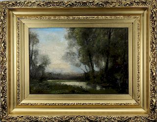 Signed Corot, Barbizon Landscape with Figure
