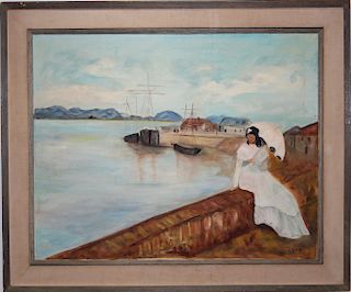 Large 20th C. Painting of Woman Sitting at Harbor