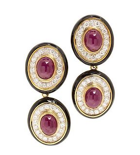 * A Pair of Gold, Ruby, Diamond and Enamel Convertible Earclips, 26.00 dwts.