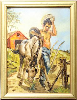 20th C. Cowoy with a Horse Painting