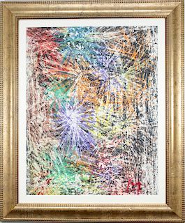 American School, "Fireworks" Mixed Media. Signed