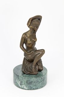 Art Nouveau Bronze Figure on Marble Base.  Signed