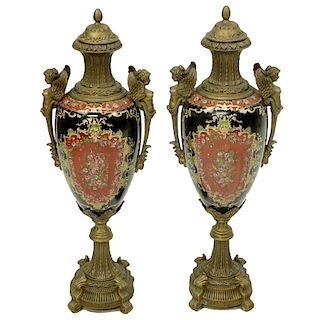 Pair of 20th Century Bronze and Porcelain Urns