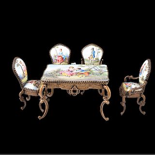 Antique Viennese Enamel Miniature Table and Chairs