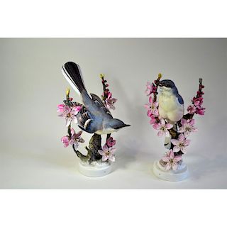ROYAL WORCESTER MOCKING BIRDS AND PEACH BLOSSOM, PAIR