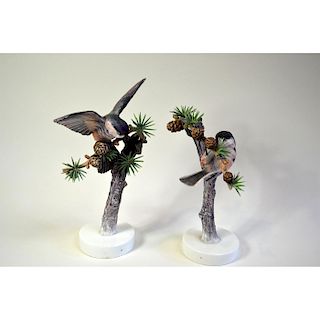 ROYAL WORCESTER CHICKADEES AND LARCH, PAIR